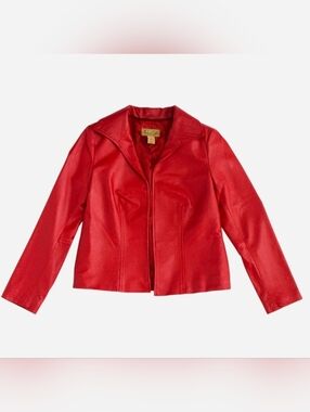 Vintage Y2K Cherry Red Leather Jacket Blazer Size M Open Front 100% Leather
